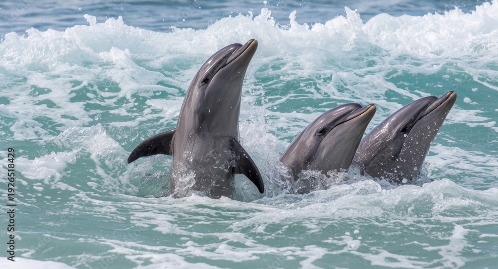 Fototapeta premium Playful dolphins swimming near ocean waves with copyspace for text
