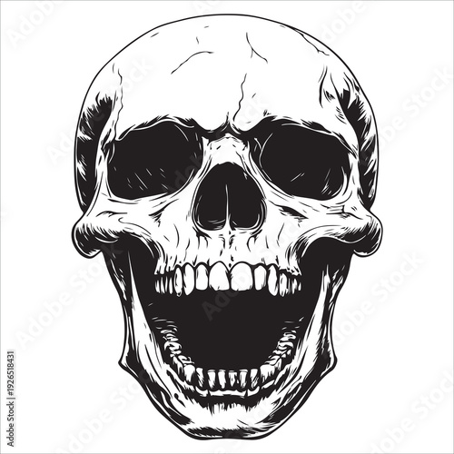 Terrifying screaming skull vector silhouette, Skull Tattoo Vector Art Illustration, Human skull vector illustration, Detailed vintage art silhouette of a human skull