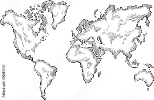 Hand drawn world map. Planet geography in doodle style