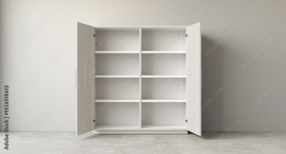 Fototapeta premium Vertical image of an open white cabinet featuring empty display shelves with white wood finish and light grey wall background