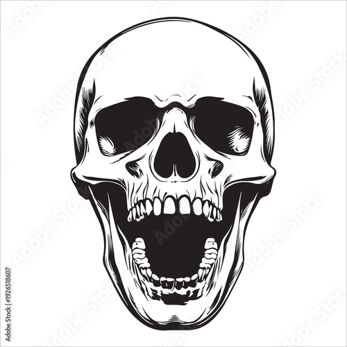 Terrifying screaming skull vector silhouette, Skull Tattoo Vector Art Illustration, Human skull vector illustration, Detailed vintage art silhouette of a human skull