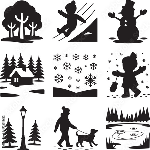 black silhouettes of winter scenes and objects on white background