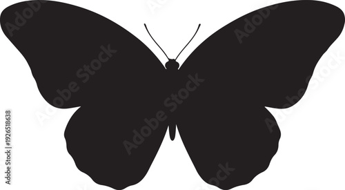 Black silhouette of a butterfly with spread wings, symbolizing transformation, nature, beauty, and delicate freedom in a simple graphic design.