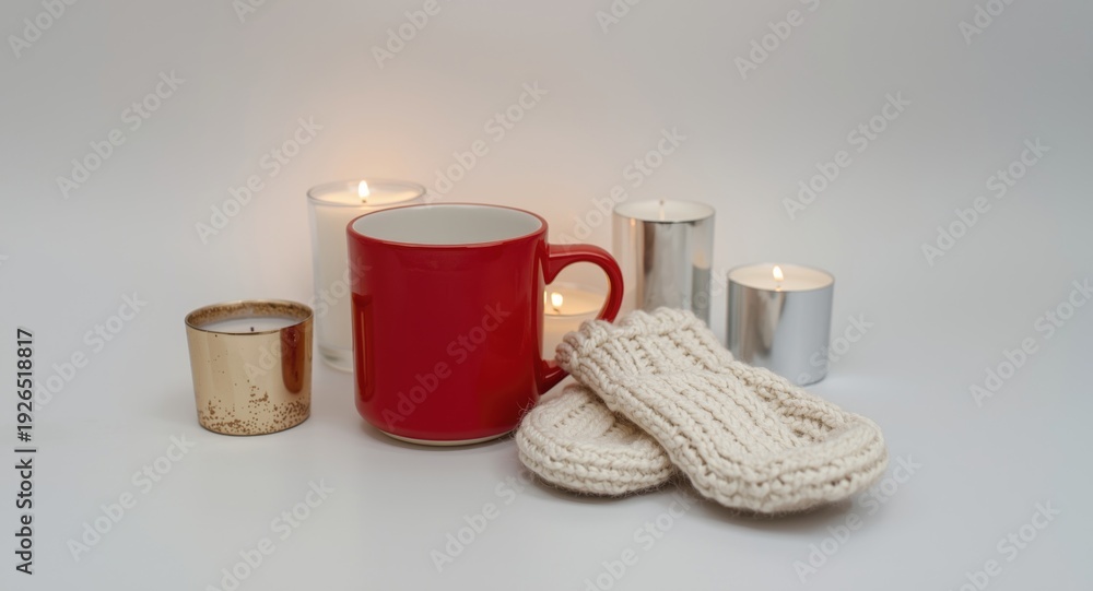 Fototapeta premium Seasonal red mug paired with mittens and glowing candles on copy space background