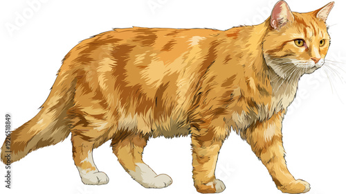 A detailed illustration of an orange tabby cat, showcasing its side profile, walking forward