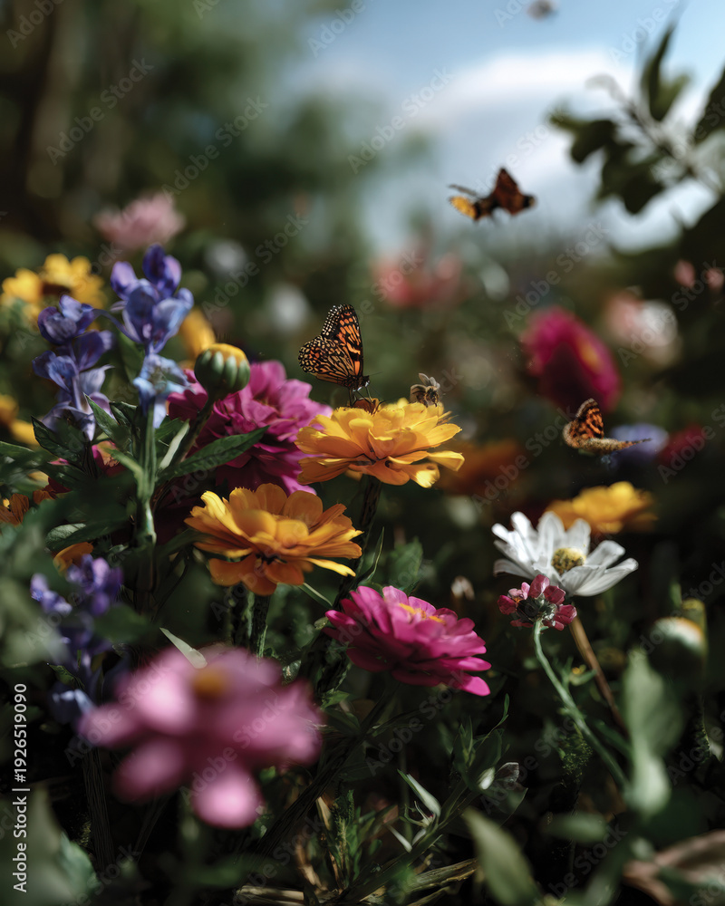 Obraz premium A lush floral garden bustling with bees and butterflies, embodying the lively interaction and beauty of nature, reflecting ecological importance and vibrant life.