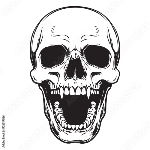 Terrifying screaming skull vector silhouette, Skull Tattoo Vector Art Illustration, Human skull vector illustration, Detailed vintage art silhouette of a human skull