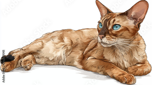 A detailed illustration of a cat lying down with striking blue eyes and a warm, textured coat