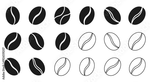 Collection of coffee bean illustrations in varying styles and orientations