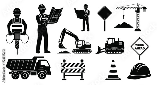 Construction icons depict workers machinery and safety elements in black