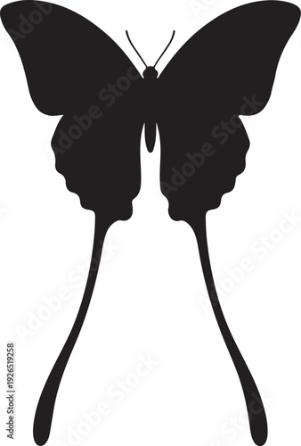 Stylized black silhouette of a butterfly with elongated, trailing wings, isolated on a white background, symbolizing grace and elegance.