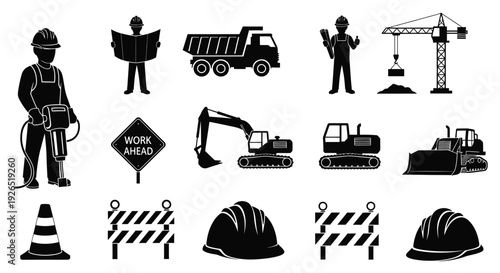 Construction icons depicting workers machinery and safety equipment