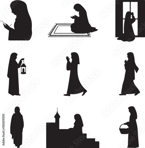 set of Muslim woman silhouettes in various actions and poses