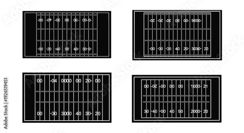 Four rectangular panels displaying numerical markings on a black background