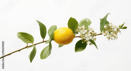Close view of lemon with lively green leaf clusters and elegant white flowers on a branch isolated on white