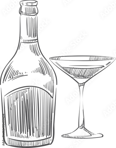 Martini sketch. Drink bottle and cocktail glass icon