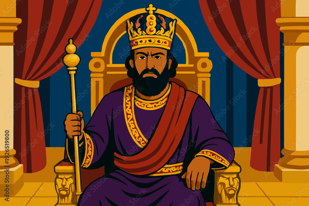 Fototapeta premium Flat vector illustration of King Ahasuerus on throne wearing elaborate crown, holding scepter, luxurious palace setting
