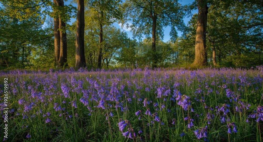 Fototapeta premium A lively field of purple bluebell flowers growing alongside tall trees