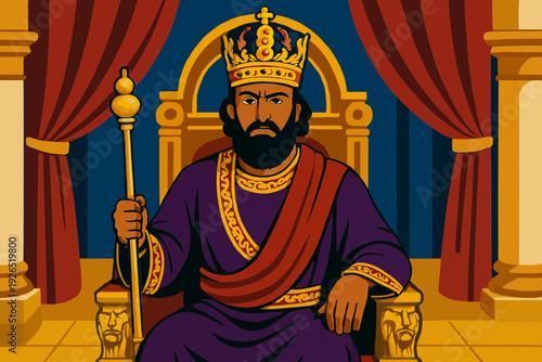 Flat vector illustration of King Ahasuerus on throne wearing elaborate crown, holding scepter, luxurious palace setting