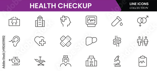 Health checkup icons depicting medical examination, stethoscope, heartbeat, diagnostics, hospital, doctor consultation, tests, reports, wellness, prevention, monitoring, clinic, healthcare, appointmen