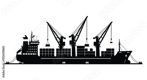 Black silhouette of a cargo ship docked with cranes at a port
