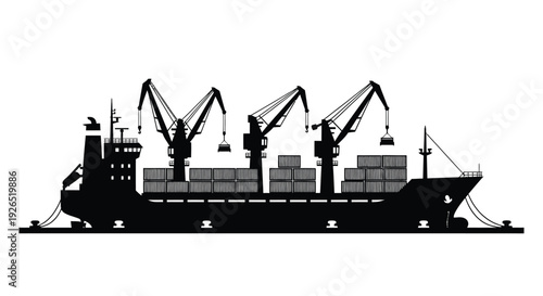 Silhouette of a cargo ship loading containers at a busy port