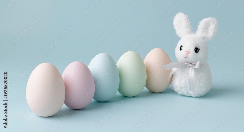 Fototapeta premium Cheerful pastel Easter eggs lined up next to a cute bunny decoration on a pale blue surface for a springtime feel