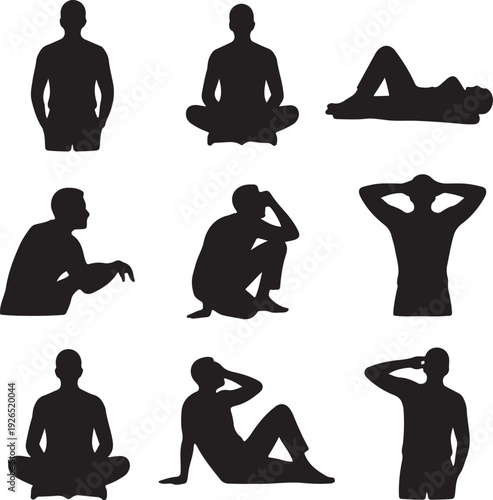 set of silhouettes of people in various yoga poses and stretches