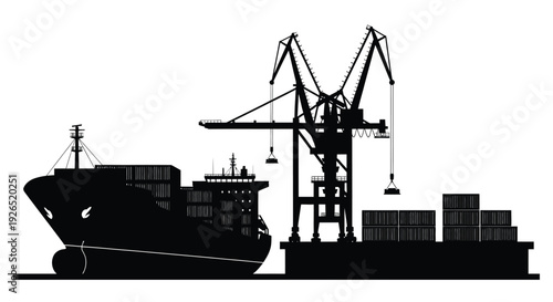 Black silhouette of a cargo ship docked at a port with cranes