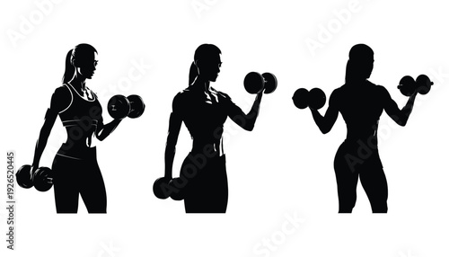 Silhouette of three women lifting dumbbells demonstrating different exercise poses