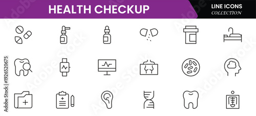 Health checkup icons depicting medical examination, stethoscope, heartbeat, diagnostics, hospital, doctor consultation, tests, reports, wellness, prevention, monitoring, clinic, healthcare, appointmen