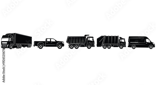 A row of black silhouette vehicles including trucks pickups and vans