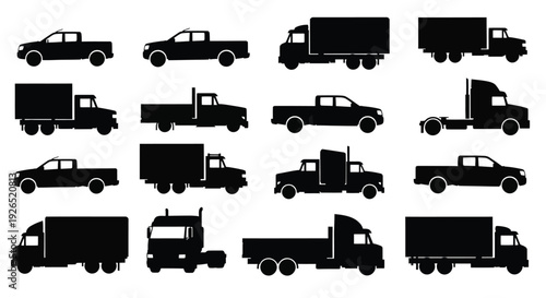 Collection of black silhouette vehicle icons including trucks vans and cars