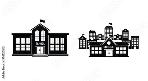 Black and white illustration of two school buildings and a cityscape