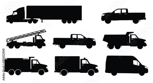 Silhouette collection of various commercial vehicles and transport trucks