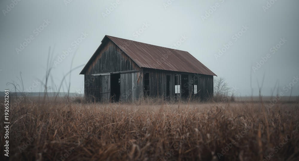 Obraz premium Derelict barn standing in a misty field with dull skies and dry grass