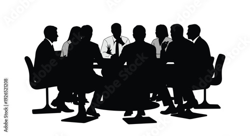 A group of people seated around a conference table in silhouette