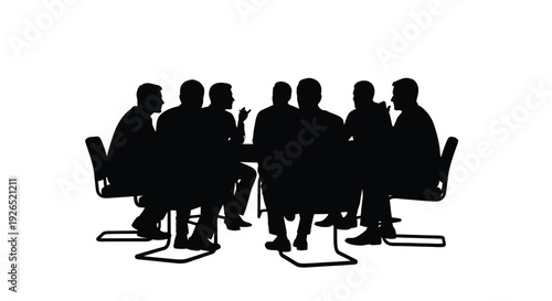 A group of silhouetted people seated around a conference table