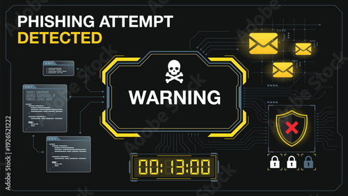 Cyber Threat Alert: Digital warning of a phishing attack, featuring a skull and crossbones icon amidst a futuristic display.