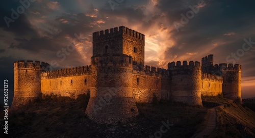 Historic fortified tower complex with surrounding walls