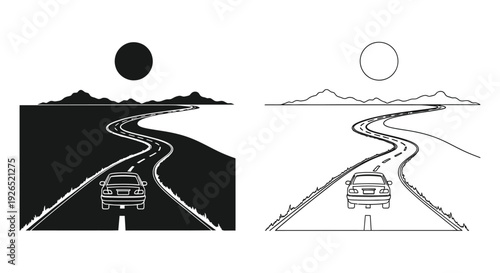 Two contrasting depictions of a car traveling a winding road with mountains