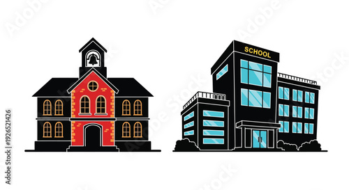 Two school buildings one traditional and one modern presented in a flat style