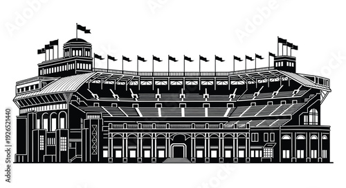 Detailed black and white illustration of a large classic stadium building