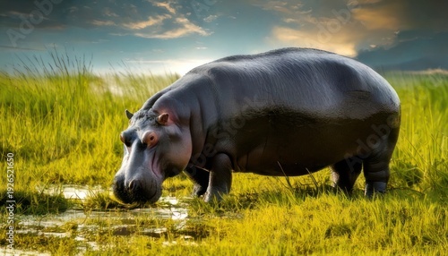 Hippopotamus Grazing in Lush Green Field Under Cloudy Sky.