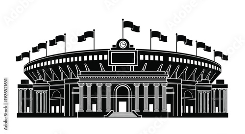 Black and white illustration of a large stadium with waving flags