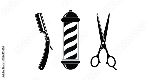 Barber shop tools straight razor striped pole and scissors