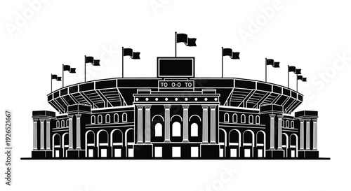 A stylized black and white illustration of a baseball stadium with flags