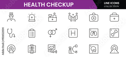 Health checkup icons depicting medical examination, stethoscope, heartbeat, diagnostics, hospital, doctor consultation, tests, reports, wellness, prevention, monitoring, clinic, healthcare, appointmen