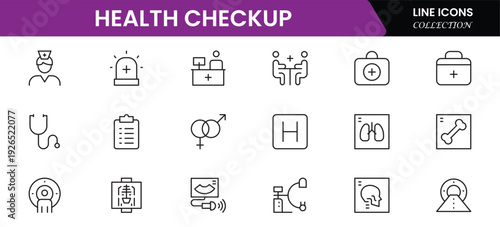 Health checkup icons depicting medical examination, stethoscope, heartbeat, diagnostics, hospital, doctor consultation, tests, reports, wellness, prevention, monitoring, clinic, healthcare, appointmen