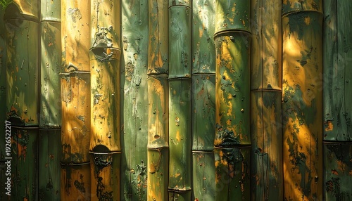 Close-up of bamboo stalks, varying in color from yellow to green, casting shadows. It shows the rough texture and natural arrangement